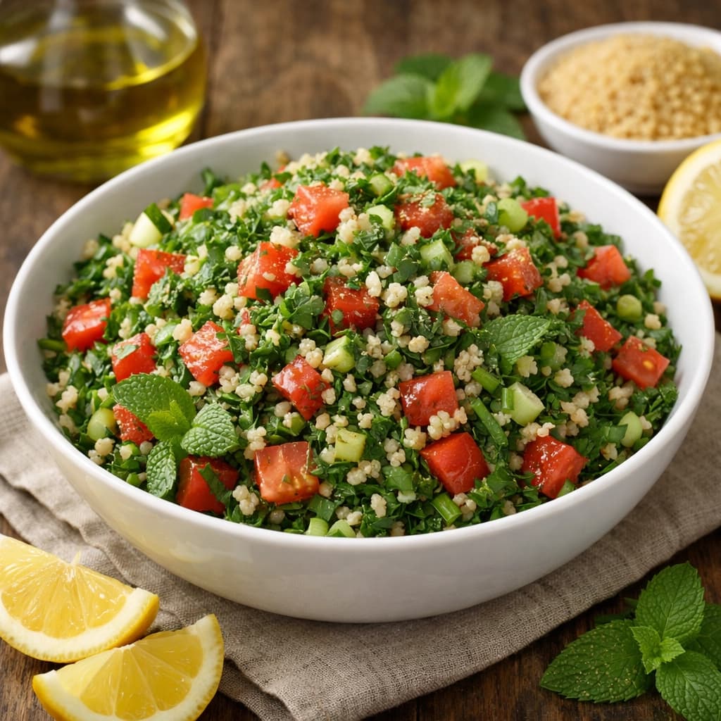 تبولة لبنانية تقليدية بالبقدونس الطازج والطماطم والبرغل متبلة بعصير الليمون وزيت الزيتون ومقدمة بشكل منزلي شهي