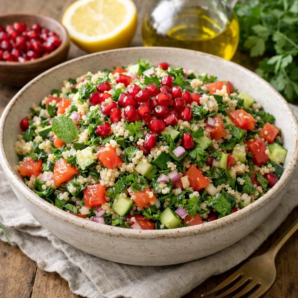 سلطة تبولة بالكينوا والطماطم صحية ومنعشة مع لمسة ليمون وزيت الزيتون