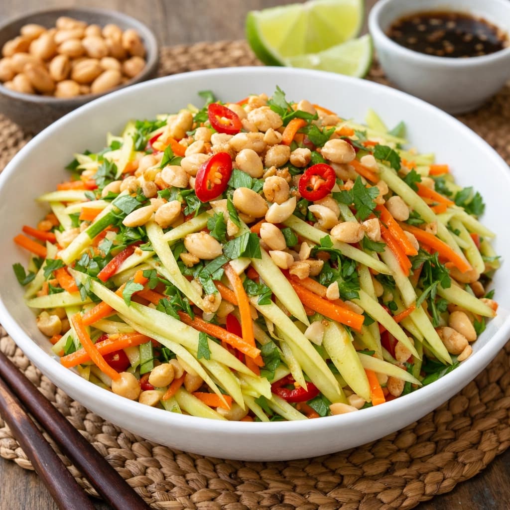 سلطة تايلندية بالمانجو الخضراء مع الفول السوداني وصوص حامض حلو منعش