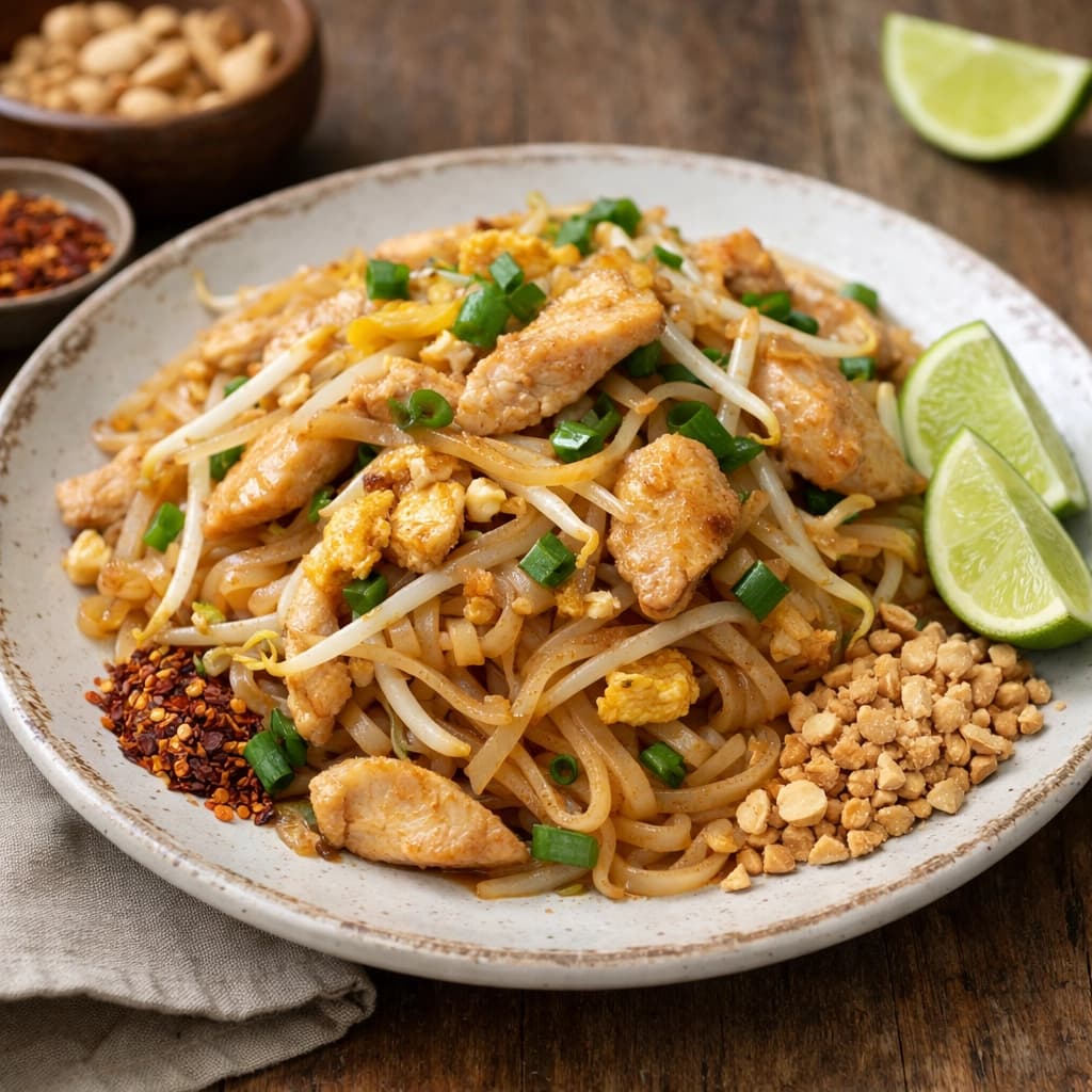 باد تاي تايلاندي بالدجاج محضر بنودلز الأرز مع صلصة تقليدية وخضار ويُقدَّم بطريقة شهية