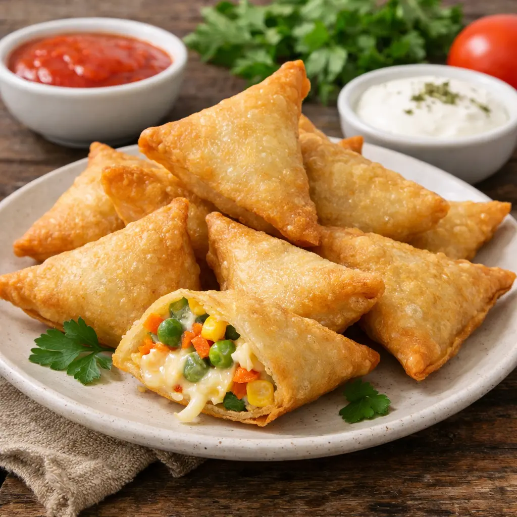 سمبوسة عربية محشوة بالخضار والجبنة ومقلية حتى تصبح ذهبية ومقرمشة وتُقدَّم ساخنة