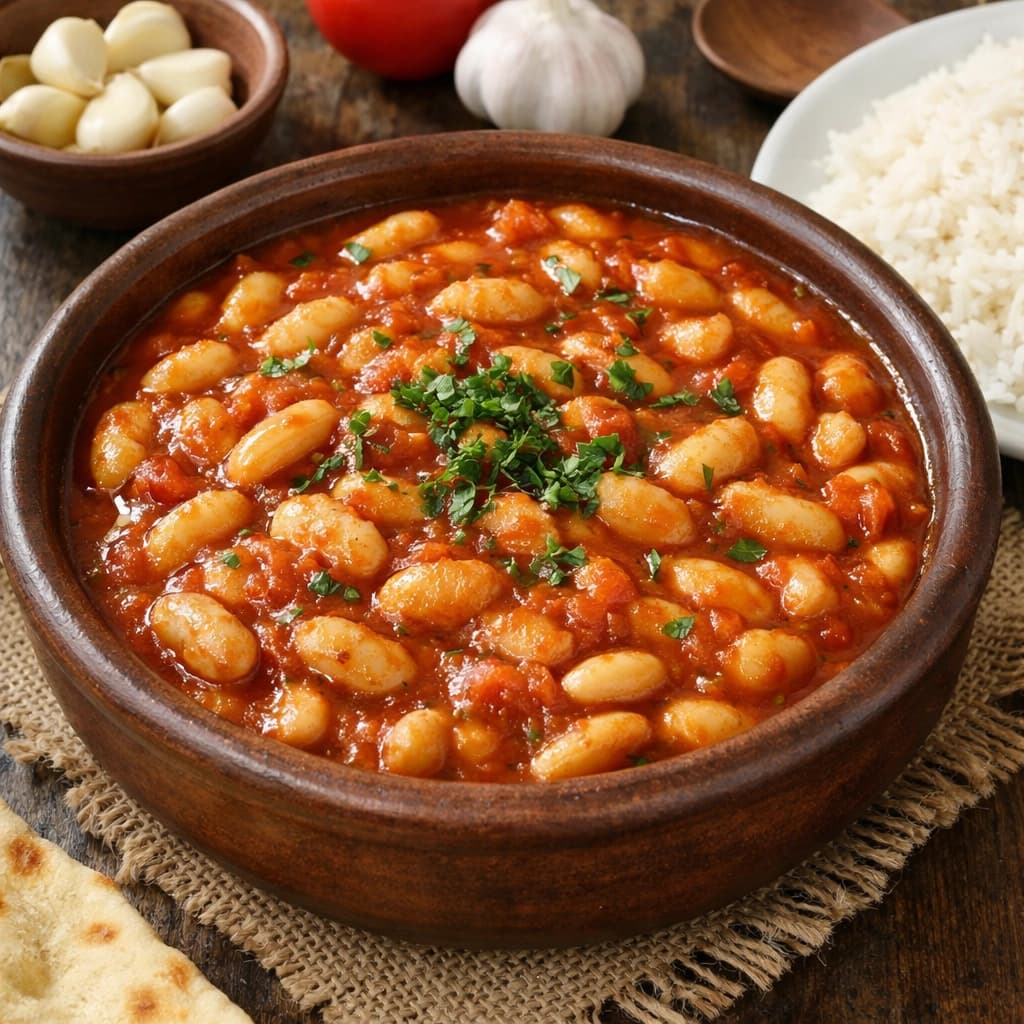 فاصوليا بيضاء مطهية بالصلصة الحمراء مع الثوم والطماطم وتُقدَّم كطبق عربي منزلي شهي