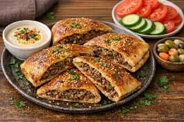 طريقة-عمل-طبق حواوشي اسكندرانى ذهبي اللون محشو باللحم المفروم والبهارات والبصل، مقطع إلى أرباع، مع سلطة الطحينة والطماطم والخيار على الجانبين