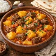 طريقة-عمل-يخنة بطاطس باللحم على الطريقة العربية مطهية في صلصة طماطم خفيفة وتُقدَّم ساخنة