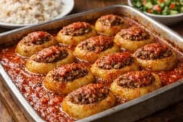 طريقة-عمل-صينية محشي بطاطس باللحمة المفرومة في صلصة حمراء، حبات بطاطس محفورة ومحشوة باللحم والأرز ومغطاة بالصلصة