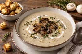 طبق شوربة فطر بالكريمة والزعتر البري بقوام مخملي كثيف، مزينة بشرائح الفطر المحمر والزعتر الطازج مع خبز محمص