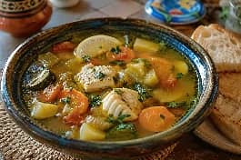 طريقة-عمل-شوربة سمك مغربية صافية وذهبية بالخضار والزعفران، قطع سمك طريّة وجزر وكوسا في مرق شفاف مع أعواد الكرفس والكزبرة الطازجة
