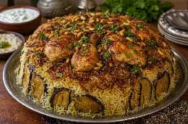 طبق مجلوبة دجاج سورية مقلوبة بشكل مثالي تظهر طبقات الأرز المفلفل والباذنجان والدجاج مع البصل المكرمل والصنوبر المحمص