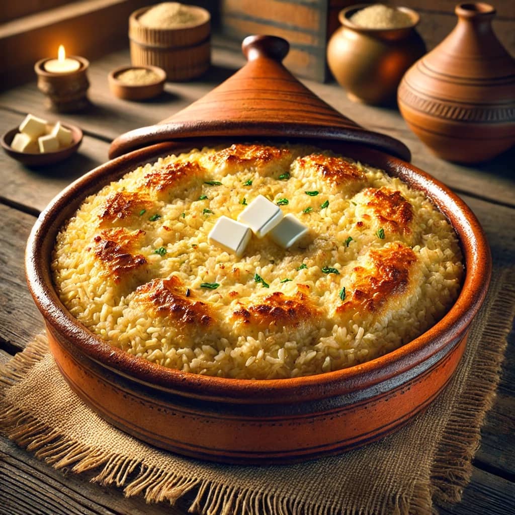 طريقة-عمل-طاجن أرز معمر مصري مطهو بالحليب والقشطة والزبدة داخل طاجن فخاري حتى يصبح كريميًا بوجه ذهبي شهي