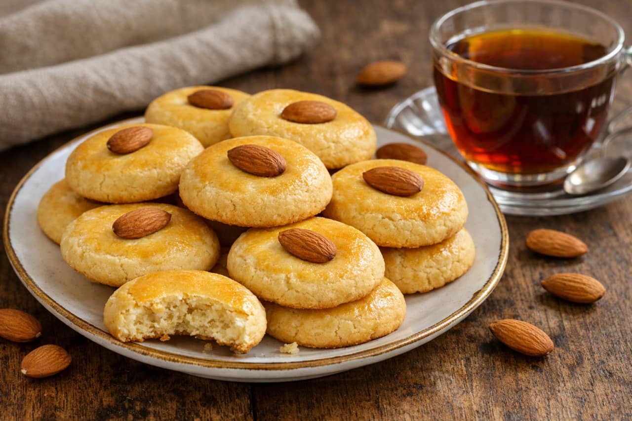 طريقة-عمل-قطع بسكويت بالزبدة مصرية ذهبية اللون مرصوصة في طبق، سطحها لامع ومزين بحبات لوز، إلى جانب كوب شاي أحمر، يظهر قوامها الهش من الداخل
