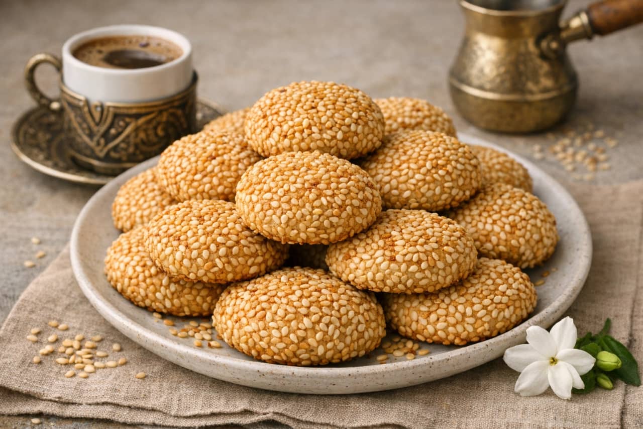 طريقة-عمل-طبق من الكحك المغطى بحبات السمسم الذهبية المحمصة، مع فنجان قهوة تركية وزهرة ياسمين