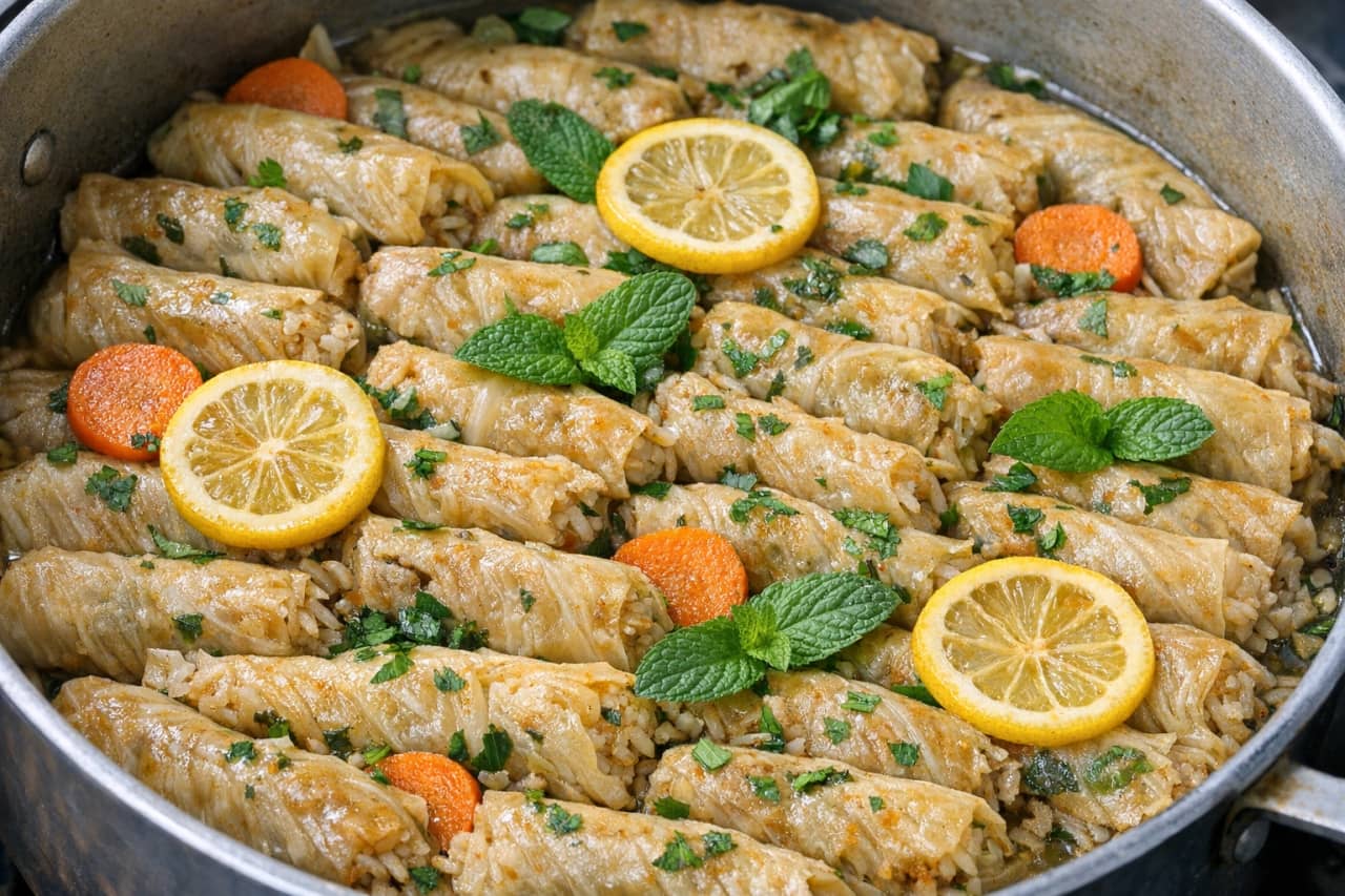 طريقة-عمل-أصابع محشي كرنب مصري مرصوصة في حلة مع شرائح ليمون ونعناع أخضر، مزينة بشرائح الجزر والبقدونس