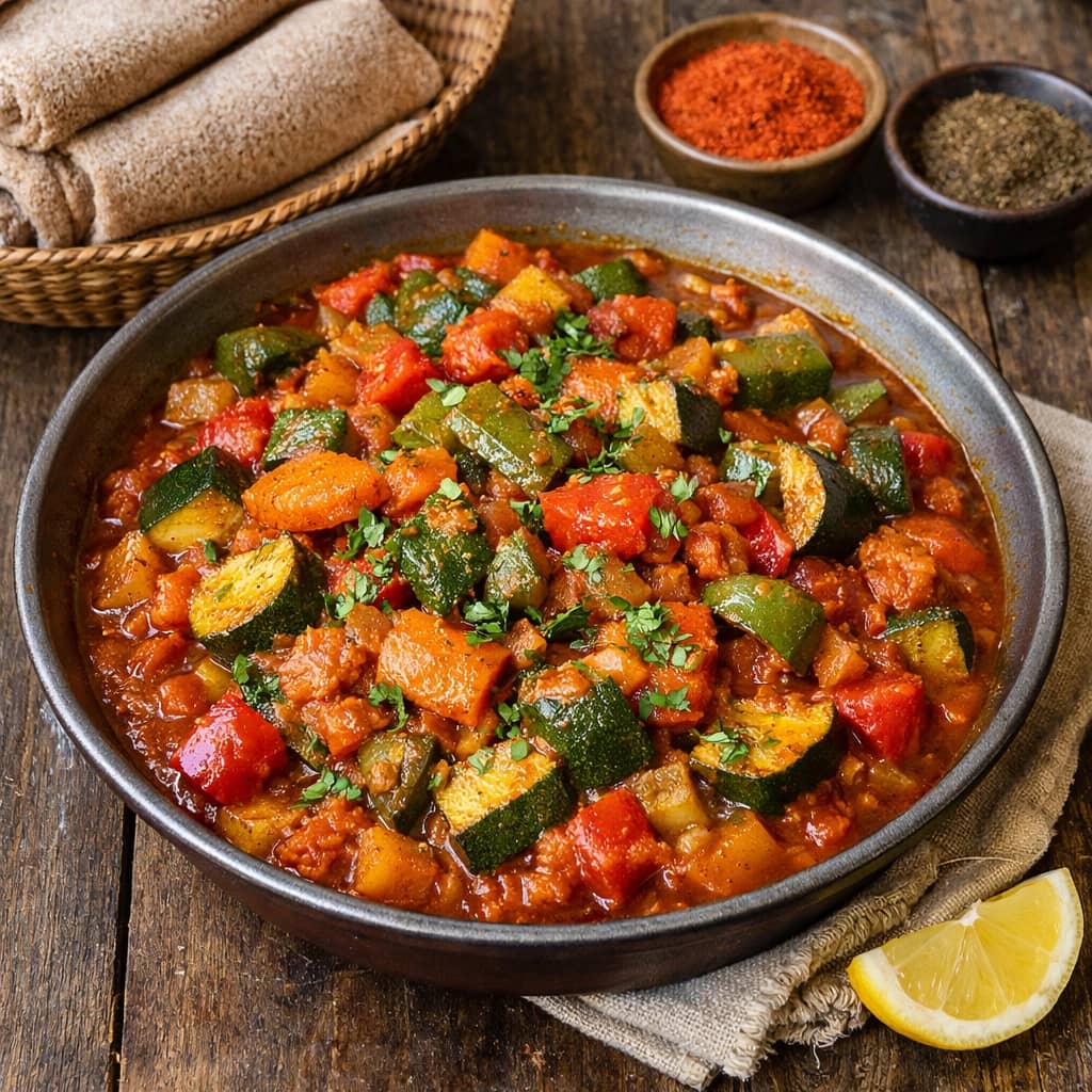طريقة-عمل-طبق زينيا الإريترية التقليدي - يخنة خضار غنية بالبهارات الحمراء والزنجبيل، تقدم مع خبز إنجيرا أو أرز