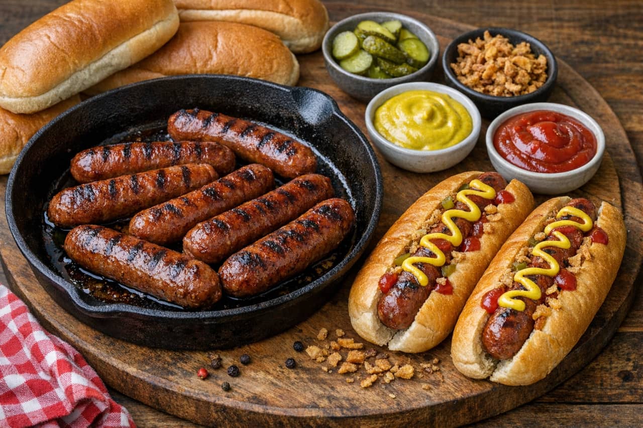 طريقة-عمل-سوسيس لحم بقري منزلي مشوي في مقلاة، مع خبز هوت دوج وخردل وكاتشب، على طبق خشبي