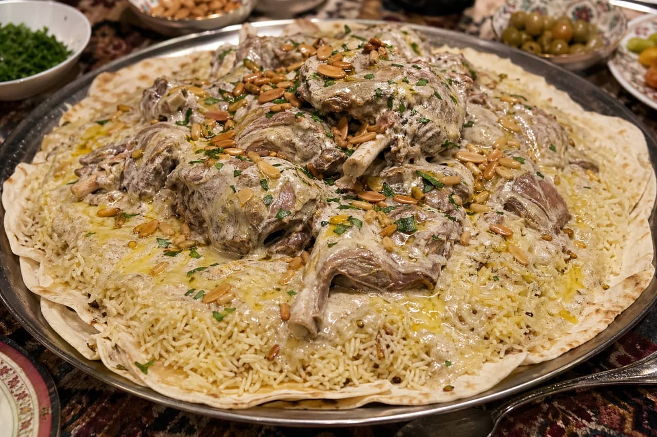 طبق منسف أردني بالجميد والسمن البري مع لحم ضأن وأرز مفلفل ورغيف شراك في صينية تقديم كبيرة