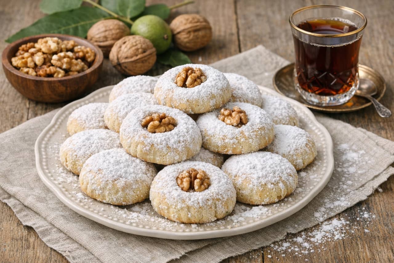 طريقة-عمل-كحك العيد المصري المحشو بالجوز، مرشوش بالسكر البودرة، مع حبات جوز كاملة على الوجه وكوب شاي مصري