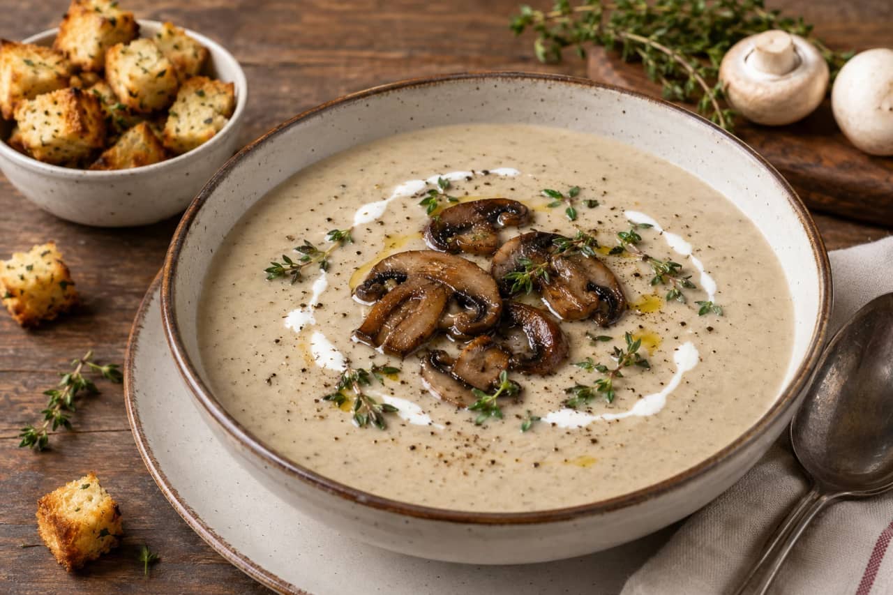 طبق شوربة فطر بالكريمة والزعتر البري بقوام مخملي كثيف، مزينة بشرائح الفطر المحمر والزعتر الطازج مع خبز محمص