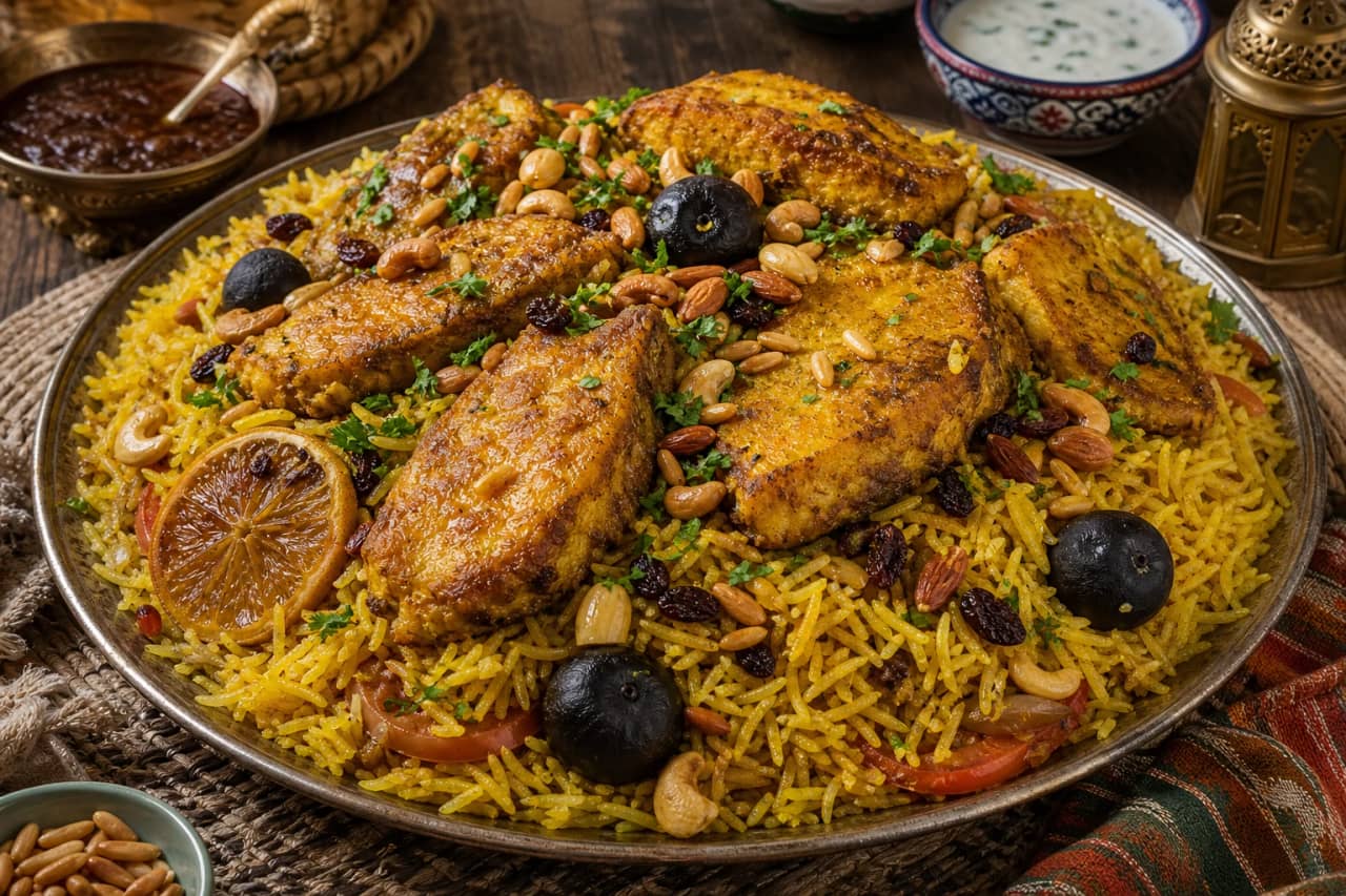 طبق مقلوبة سمك عماني ذهبي يظهر طبقات الأرز البسمتي المفلفل وقطع السمك المقلي المتماسك، مزين باللومي واللوز والصنوبر والبقدونس
