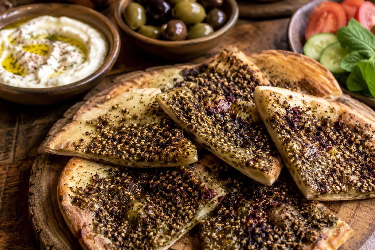 أرغفة خبز طابون فلسطيني محمصة ومغطاة بزيت الزيتون والزعتر الأخضر مع السماق الأحمر، تقدم على طبق خشبي تقليدي مع زيتون ولبنة، مشهد دافئ ومليء بالتراث