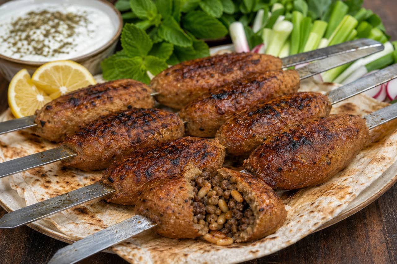 طريقة-عمل-أقراص كبة مشوية على الفحم الحجري بتوهج ذهبي محمر، محشوة باللحم المفروم والصنوبر والدهن، مقدمة على فرش من الخبز التنوري مع شرائح الليمون والنعناع الأخضر