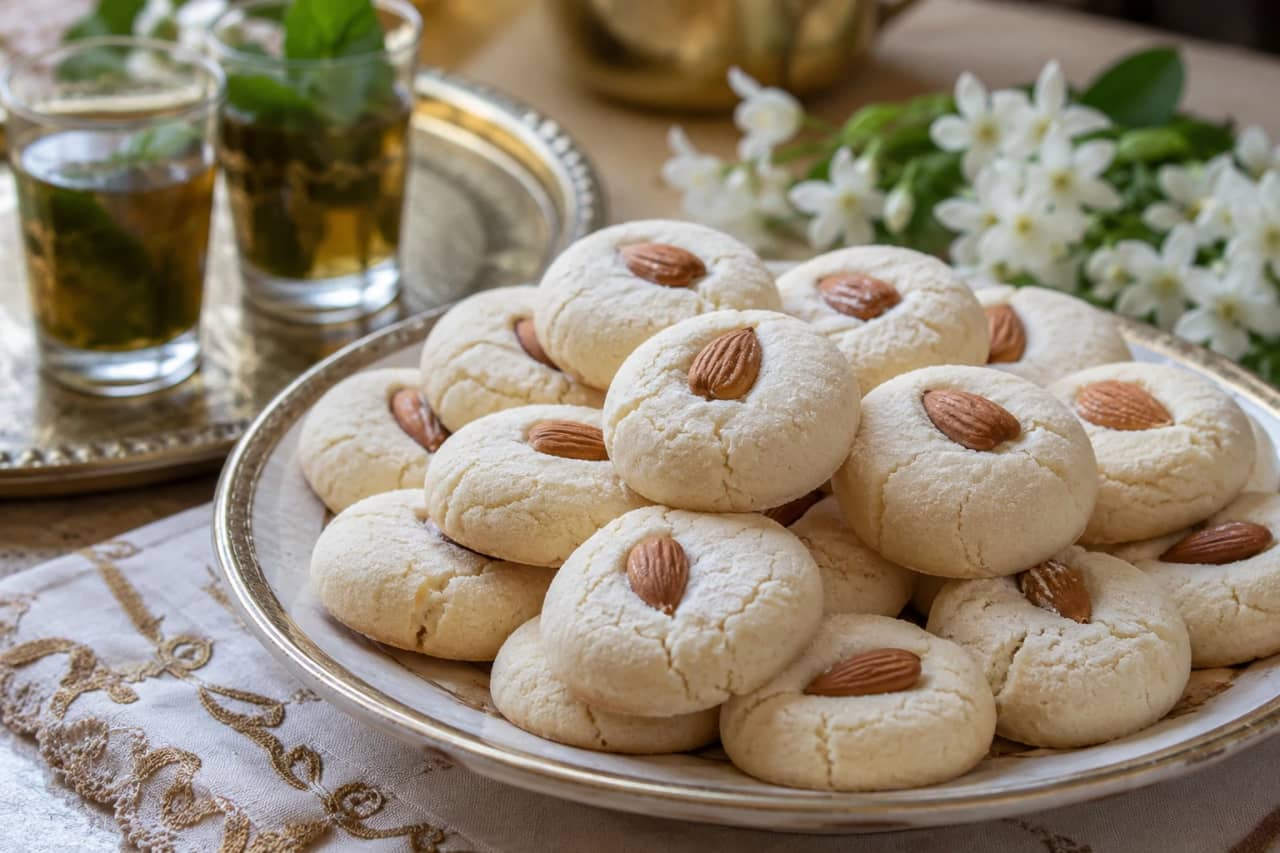 أقراص غريبة تونسية باللوز وماء الزهر بلون أبيض ثلجي مزينة باللوز الكامل، تقدم في طبق تقديم فاخر مع كؤوس شاي أخضر بالنعناع وزهور بيضاء