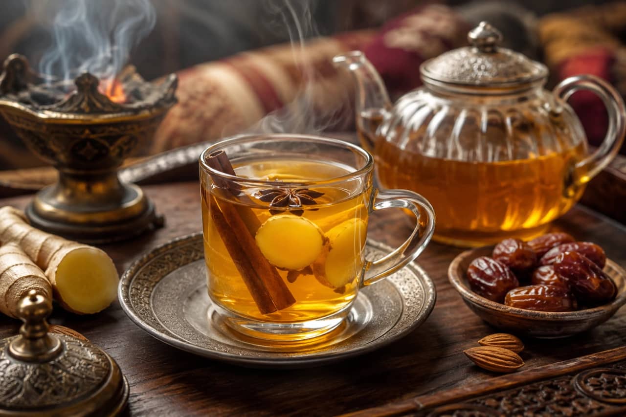 كوب شاي يمني بالزنجبيل والقرفة والعسل بلون ذهبي دافئ، مزين بعود قرفة وشرائح الزنجبيل الطازج ونجمة يانسون، يقدم في مجلس يمني تقليدي مع بخور وتمر