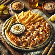 طريقة-عمل-طبق شاورما فراخ بالطحينة في صحن مع شرائح دجاج محمرة وصوص الطحينة والبطاطس المقرمشة