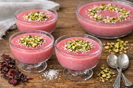 طريقة-عمل-مهلبية بالكركديه طبق حلويات منعش وناعم يُقدّم باردًا مع تزيين الفستق أو جوز الهند