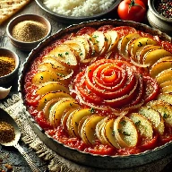 طريقة-عمل-صينية بطاطس بالفرن بشرائح البطاطس المتبلة مع البصل والطماطم مطهية حتى التسبك ومقدمة بشكل منزلي شهي