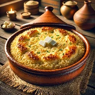 طريقة-عمل-طاجن أرز معمر مصري مطهو بالحليب والقشطة والزبدة داخل طاجن فخاري حتى يصبح كريميًا بوجه ذهبي شهي