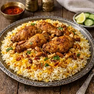 طريقة-عمل-أرز بسمتي بالدجاج والزعفران بلون ذهبي مع قطع دجاج متبلة ومقدمة بطريقة فاخرة