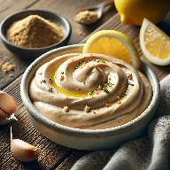 طريقة-عمل-سلطة طحينة بالمستكة والليمون في طبق أبيض مع لمسة زيت زيتون