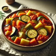 طريقة-عمل-تورلي بالخضار مطهو في صلصة طماطم خفيفة مع تشكيلة خضروات طازجة ومقدم بشكل منزلي شهي