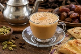 كوب شاي عدني ذهبي مدخن بالحليب والهيل مع رغوة كثيفة على السطح، بجانب إبريق شاي تقليدي وتمور يمنية