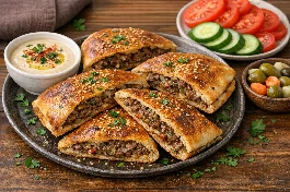 طريقة-عمل-طبق حواوشي اسكندرانى ذهبي اللون محشو باللحم المفروم والبهارات والبصل، مقطع إلى أرباع، مع سلطة الطحينة والطماطم والخيار على الجانبين