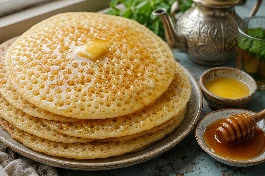 طريقة-عمل-خبز بغرير جزائري ذهبي مليء بالفقاعات الكثيفة، مكدس في طبق ومزين بالعسل السائل والزبدة الذائبة، مع إبريق شاي النعناع