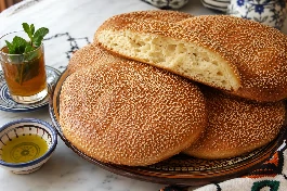 طريقة-عمل-خبز مطلوع جزائري ذهبي اللون منتفخ ومغطى بالسمسم المحمص، مكدس في طبق تقديم مع كأس شاي بالنعناع وزيت زيتون