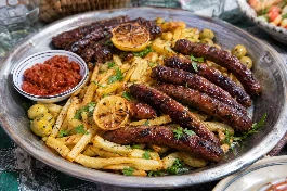 طبق معدني كبير يحمل سجق ميرغيز شمال أفريقي مشوي على الفحم بلون أحمر داكن وبقع سوداء، يقدم فوق كومة من البطاطا المقلية الذهبية المقرمشة، مزين بشرائح الليمون المشوي وأوراق البقدونس الطازج، مع طبق جانبي من الهريسة الحارة والزيتون الأخضر، على مائدة شعبية جزائرية