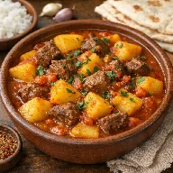 طريقة-عمل-يخنة بطاطس باللحم على الطريقة العربية مطهية في صلصة طماطم خفيفة وتُقدَّم ساخنة