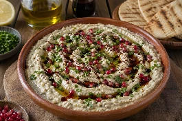 طريقة-عمل-طبق بابا غنوج شامي كريمي في وعاء فخاري، مزين بزيت الزيتون ودبس الرمان والبقدونس وحبات الرمان، مع خبز عربي مشوي على الجانب