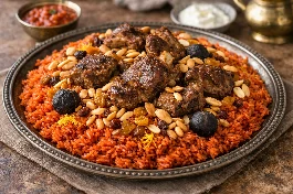 طريقة-عمل-طبق أرز محمر بحريني بلون أحمر طبيعي زاهٍ، مع قطع لحم الضأن المتبلة بالهيل والزعفران، ومزين باللوز والصنوبر المحمص