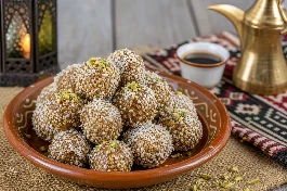 كرات حلوى التمر الهندي البحرينية متماسكة وذهبية مغطاة بالسمسم وجوز الهند، تقدم في طبق فخاري صغير مع قهوة عربية