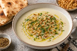 طبق شوربة زهرة فلسطينية مخملية بالطحينة والكمون مزينة بزيت الزيتون والبقدونس والصنوبر المحمص مع خبز فلسطيني