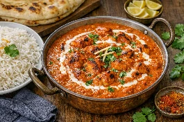 طريقة-عمل-طبق دجاج تكا ماسالا مع قطع الدجاج المشوية بصلصة الكريمة والطماطم الغنية بالتوابل، يقدم مع أرز بسمتي