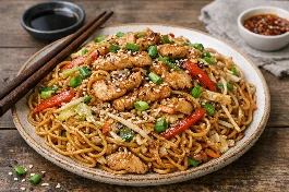 طريقة-عمل-طبق نودلز تشاو مين صيني مع نودلز مقلية ذهبية، خضروات مقرمشة ملونة (جزر، فلفل، كرنب)، وقطع دجاج في صوص الصويا والأويستر، بأعواد طعام جانبية