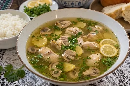 طبق شوربة دجاج بالمشروم والزنجبيل من جزر القمر، مرق شفاف مع قطع دجاج ومشروم وشرائح زنجبيل طازج، مزينة بالكزبرة الخضراء وشرائح الليمون