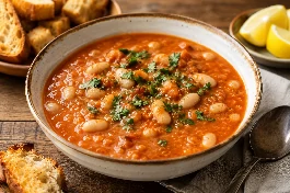 طريقة-عمل-شوربة فاصوليا جيبوتية كريمية بالطماطم والثوم، تقدم في أطباق عميقة مع أوراق الكزبرة الطازجة وقطع الخبز المحمص