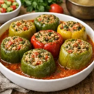 طريقة-عمل-محشي فلفل مصري محشو بالأرز والأعشاب مطهو في صلصة طماطم خفيفة