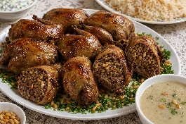 حمام مصري محشي بالفريكة والكبد والقوانص والصنوبر محمر ذهبياً ومقدم في طبق مع الشوربة الغنية بالبهارات البيضاء