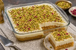 طبق عيش سرايا مصري بطبقات الخبز الذهبي المشرب بالقطر والمغطى بالقشطة المتماسكة والمزين بالفستق الحلبي المجروش والورد